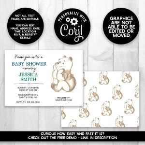 Winnie the Pooh Baby Shower Invitation Editable Boy Girl Printable Instant Download