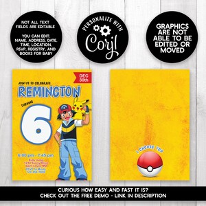 Peut inclure: Une invitation d'anniversaire jaune et rouge avec une image de dessin anim&eacute; d'un personnage Pokemon. L'invitation indique "Rejoignez-nous pour c&eacute;l&eacute;brer Remington qui a 6 ans". Le texte "DEC 30th" est &eacute;galement sur l'invitation. L'invitation a un fond jaune avec une bordure rouge.