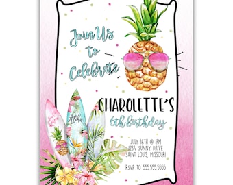 Aloha | Birthday Party Invitation | Personalized | Envelopes Included with Printed Option