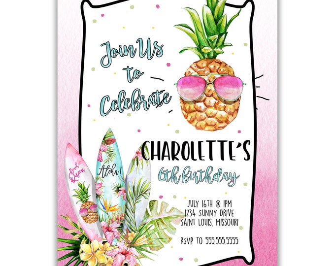 Aloha | Birthday Party Invitation | Personalized | Envelopes Included with Printed Option
