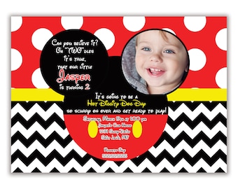 Mickey Mouse Birthday Party Invitation, Personalized with Child's Photo, Envelopes Included with Printed Option