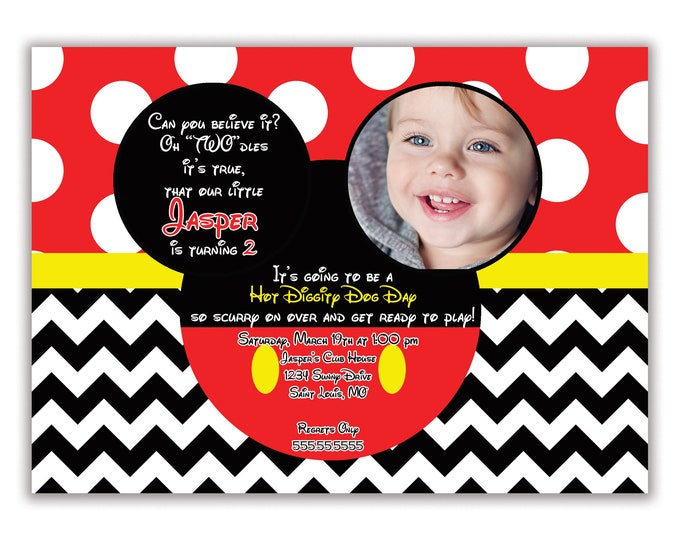 Mickey Mouse Birthday Party Invitation, Personalized with Child's Photo, Envelopes Included with Printed Option