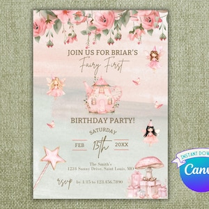 Fairy First Birthday Party Invitation Instant Download