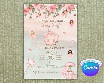 Fairy First Birthday Party Invitation Instant Download