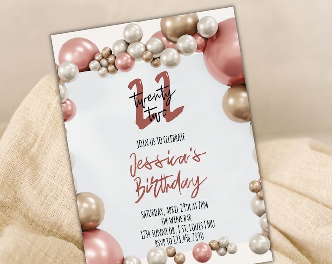 Rose Gold Balloon Birthday Party Invitation, Email, Text, Digital, Editable Invitation