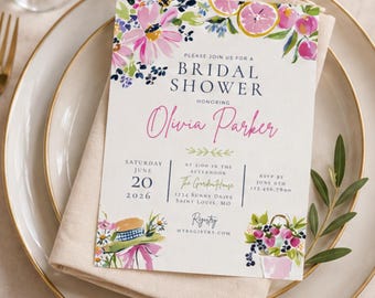 Editable Bridal Shower Invitation Template, Pink Floral Citrus Invite, Instant Download Canva Template, Garden Party