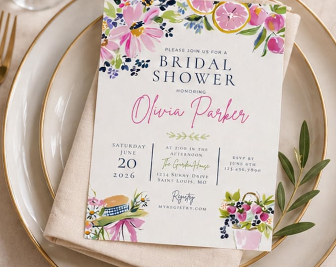 Editable Bridal Shower Invitation Template, Pink Floral Citrus Invite, Instant Download Canva Template, Garden Party