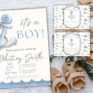 Editable Nautical Baby Shower Invitation - It&#39;s a Boy Digital Template - Anchor Theme - Instant Download - 5x7 Printable Invite