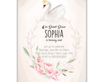 Sweet Swan | Birthday Party Invitation | Personalized | Envelopes Included with Printed Option