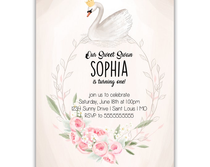 Sweet Swan | Birthday Party Invitation | Personalized | Envelopes Included with Printed Option