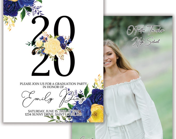 Blue and Gold Floral Graduation Party Invitation - Custom Party Invite -  Printed Graduation Announcement - Digital Invitation