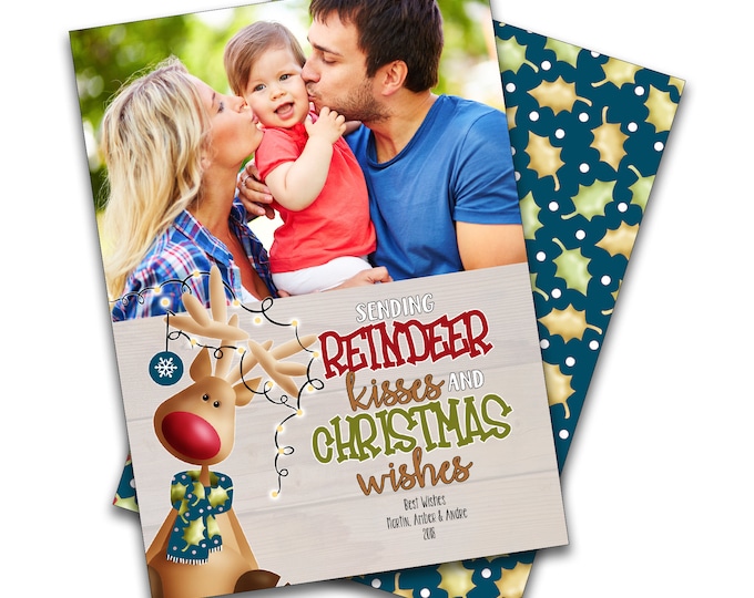 Reindeer Kisses, Christmas Photo Card, Digital Invitations, Personalized