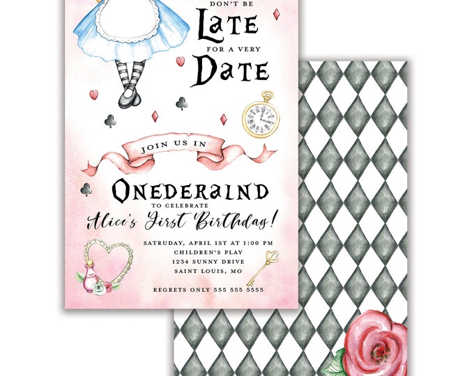 Alice in Wonderland Inspired Birthday Party Invitation, Personalized