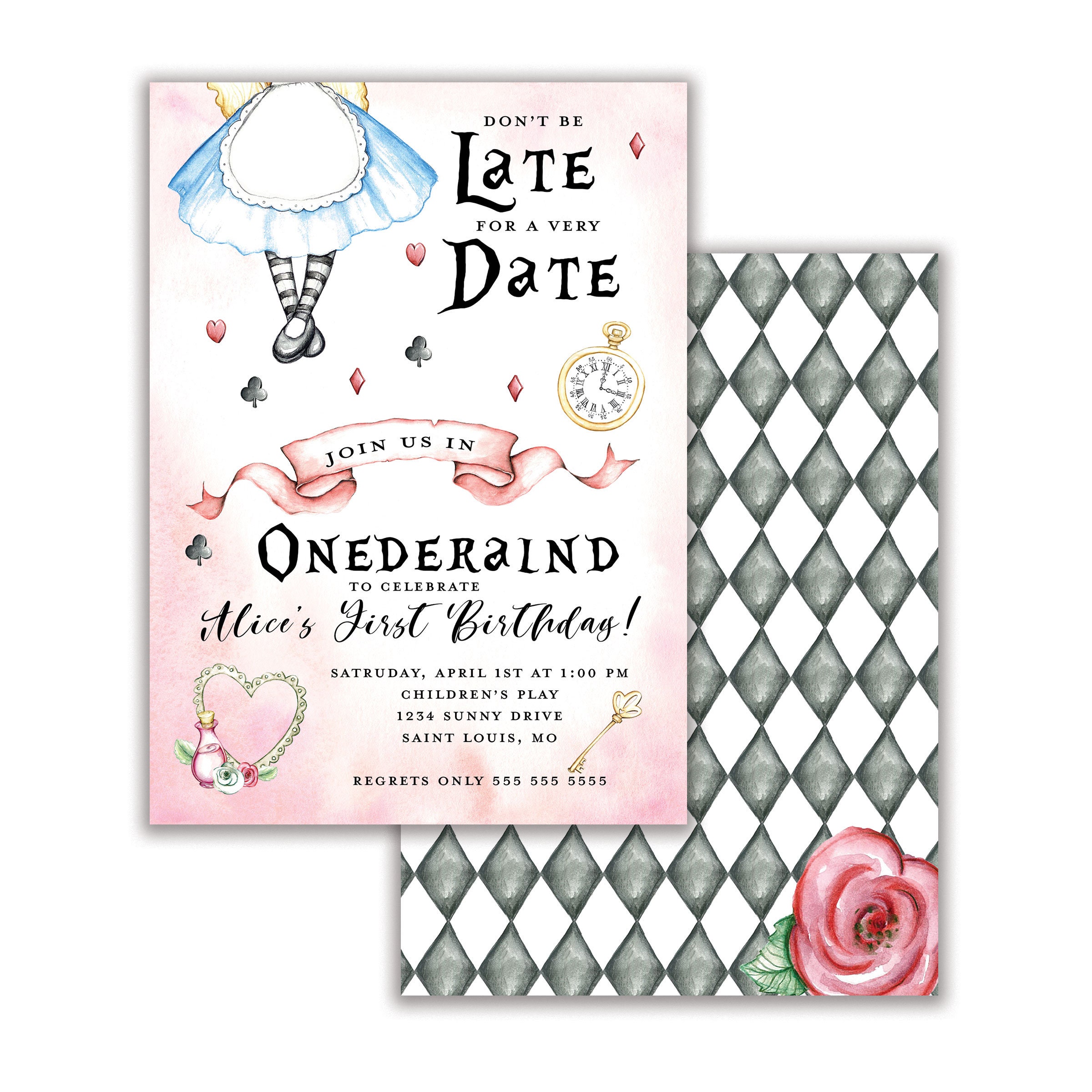 Alice in Wonderland Inspired Birthday Party Invitation, Personalized