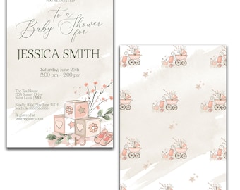 Blush Baby Shower Invitation, Baby Girl Invite, Printed and Digital Options