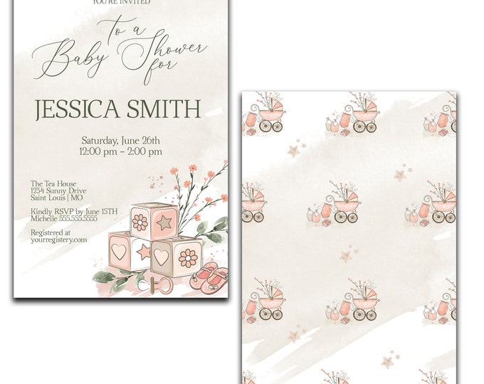 Blush Baby Shower Invitation, Baby Girl Invite, Printed and Digital Options