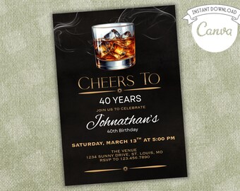Cheers to 40 Years Invitation Template | Whiskey Birthday Invite | Editable Canva Template | 40th Birthday Party Invitation