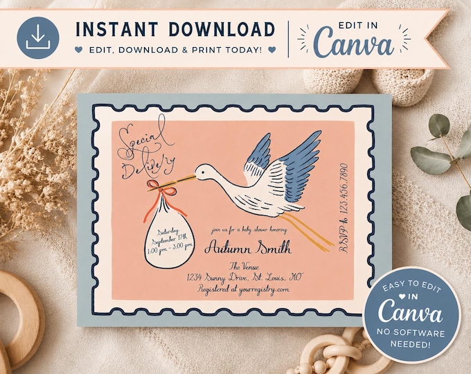 Special Delivery Baby Shower Invitation Template, Editable Canva Invite, Vintage Stork Baby Shower, Instant Download