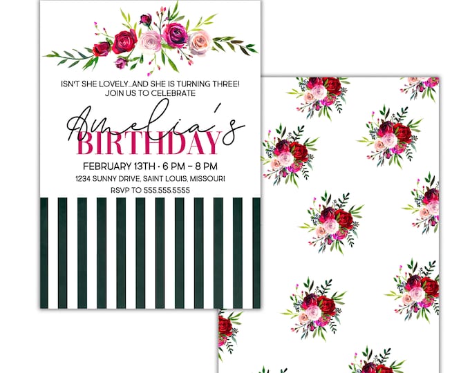 Isn't She Lovely, Birthday Party Invitation, Red Purple Pink Burgundy Roses Peonies Flower Bouquets and Stripes, Digital or Printed Option