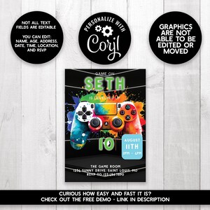 Puede incluir: Una invitaci&oacute;n negra y verde con un gr&aacute;fico de mando de videojuego colorido. El texto dice "Game On Seth is Leveling Up" con un n&uacute;mero 10 verde y la fecha "August 11th 2PM - 4PM".