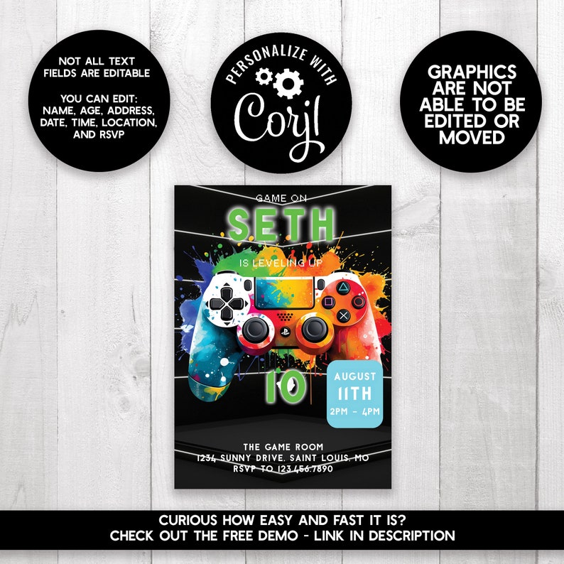 Puede incluir: Una invitaci&oacute;n negra y verde con un gr&aacute;fico de mando de videojuego colorido. El texto dice "Game On Seth is Leveling Up" con un n&uacute;mero 10 verde y la fecha "August 11th 2PM - 4PM".