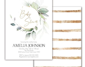 Baby Shower Invitation Greenery Baby Shower Invite Printable Baby Shower Invitation Gold Baby Shower