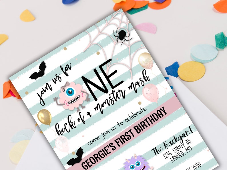 May include: A light blue and white striped invitation with a pink and white monster, bats, and a spider web. The text reads "join us for one heck of a monster mash come join us to celebrate Georgie's First Birthday The Backyard 1234 Sunny Dr. Arnold, MO 7890"