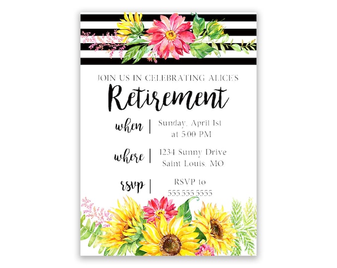 Stripes and Sunflowers | Retirement Invitation | Personalized