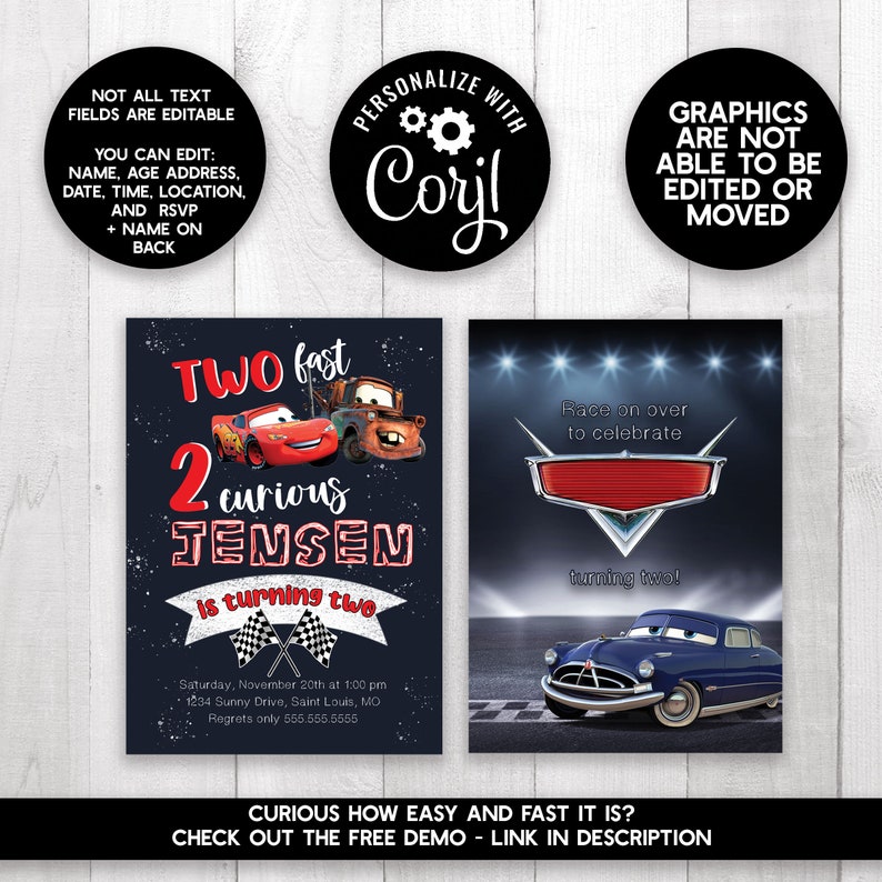 May include: A Cars-themed birthday invitation in red and black. The invitation features the text "Two fast 2 curious Jensen is turning two" and a picture of Lightning McQueen and Mater. The invitation also includes the date, time, and location of the party.
