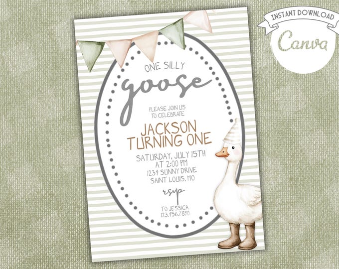 One Silly Goose Birthday Invitation • Editable First Birthday Invite • Digital Download • Farm Animal Theme • Instant Access