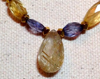 Faceted Citrine, Iolite and Rutilated Quartz Focal Necklace
