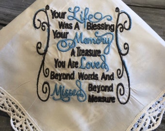 Embroidered Handkerchief, mourning and grief poem, Celebration of Life Memory