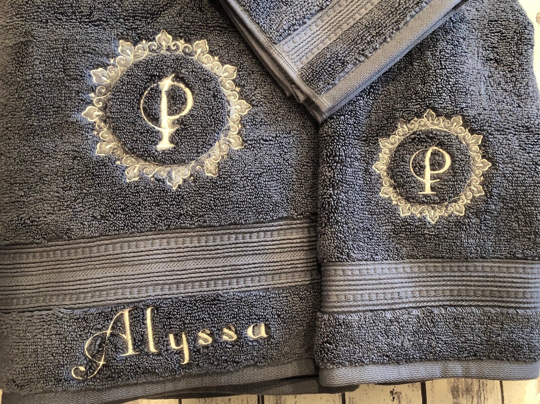 Monogrammed Bath Towel Set Embroidered Filigree Bath Towels - Etsy