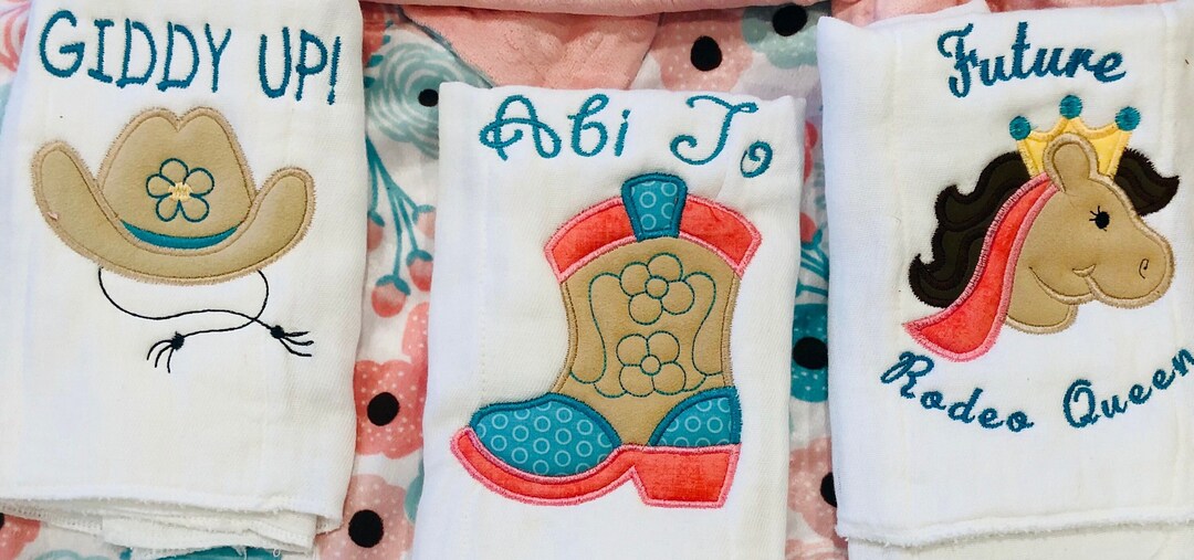Burp Cloths, Cowgirl Burp Cloth Set, Set of 4 Embroidered Burp Cloths