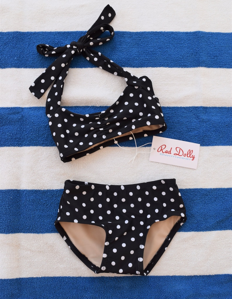 Itsy bitsy teeny weeny Black polka dot bikini vintage swimsuit Baby size newborn to 12 months 