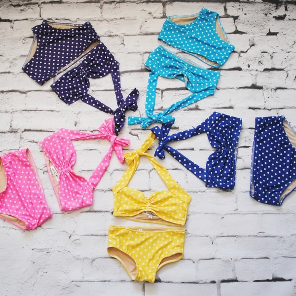 Itsy bitsy teeny weeny polka dot mid rise vintage bikini retro baby girl maillot de bain ~ Choisissez votre couleur