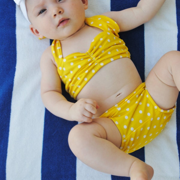 Itsy bitsy teeny weeny yellow polka dot retro bikini swimsuit vintage Baby size newborn to 12 months