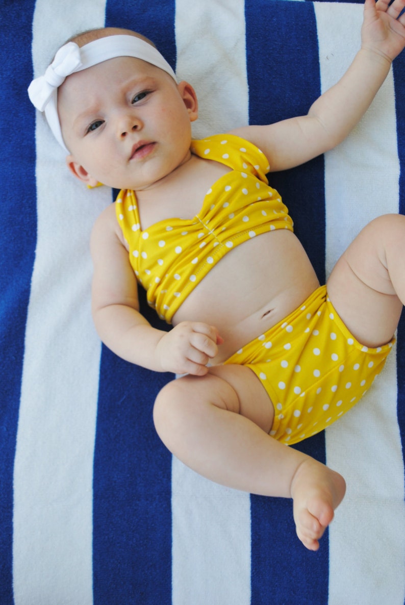 Itsy bitsy teeny weeny yellow polka dot retro bikini swimsuit vintage Baby size newborn to 12 months 