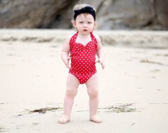 Red & white polka dot retro one piece baby girl swimsuit onesie newborn to 12 mos.