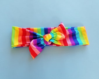 Retro rainbow stripe baby girl headband bow tie size 0-12 mos