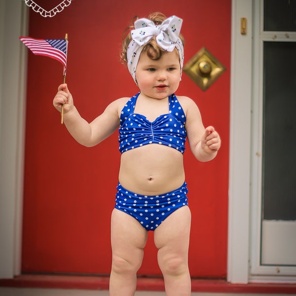 Royal blue & white polka dot bikini retro baby girl vintage swimsuit sizes 0-18 months
