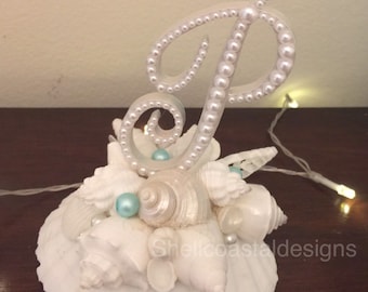 Ready to Ship Ready to Purchase Shell Cake Topper Seashell Cake Topper Beach Cake Topper Monogram Cake Topper Beach Wedding Letter P