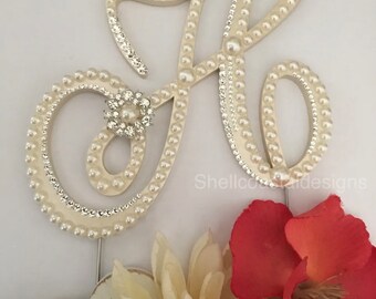 Ready to Ship Monogram Cake Topper Wedding Pearl Cake Topper Gatsby Swarovski Crystal Cake Topper Bling Cake Topper Cake Decoration