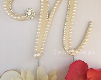 Wedding Cake Topper Ready to Ship Ready to Purchase Letter N Cake Topper Pearl Cake Topper Monogram Cake Topper Gatsby Cake Topper