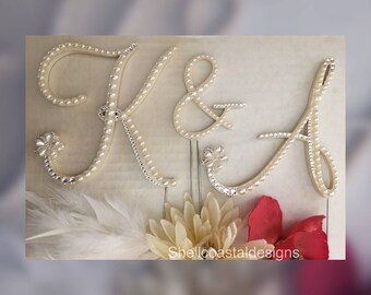 Monogram Cake Topper Wedding Cake Topper Pearl Cake Topper Crystal Cake Topper Custom Cake Topper Beach Wedding Gatsby Cake Topper