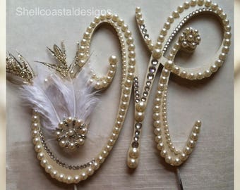 Ready to Ship Wedding Cake Topper Monogram Cake Topper Pearl Cake Topper Gatsby Cake Topper Custom Cake Topper Initial Letter M