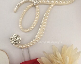 Ready to Ship Wedding Cake Topper Ready To Purchase Letter T Cake Topper Pearl Cake Topper Monogram Cake Topper Gatsby Cake Topper
