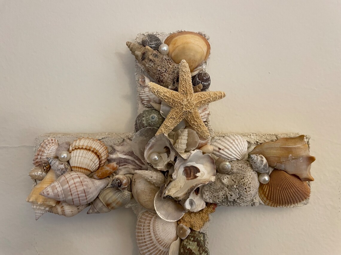 Large Seashell Cross Cottage Home Beach Decor Coastal Cross Shell Cross ...