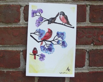 Robins and Cardinals in Crepe Myrtle Tree, ORIGINAL 6 × 9 inch watercolor and ink painting