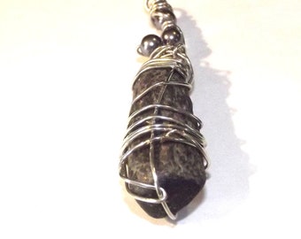 Wire-Wrapped Black Stone Pendant, Silver Wire Wrapped Pendant, Whimsical Jewelry, Black Stone, Natural Rock